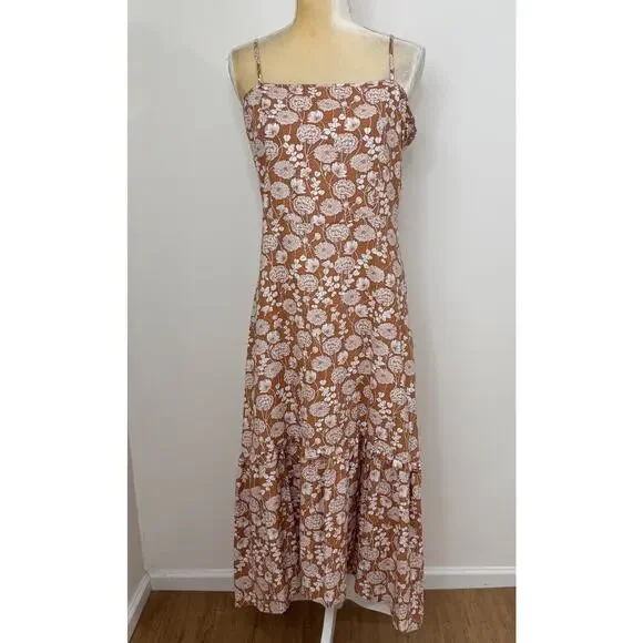 Saks Fifth Avenue Floral Ruffle Linen Blend Midi Dress Size L Brown White - Picture 3 of 12
